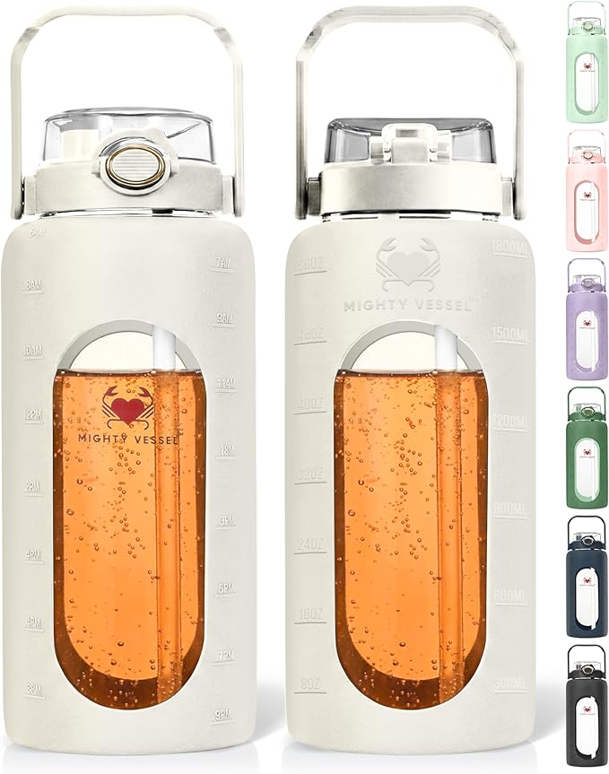 64 Oz Water Bottle with Time Marker & Straw - White Pregnancy 2 Liter Glass Water Bottles with Measurements - Daily intake bottle - Leakproof Borosilicate jug