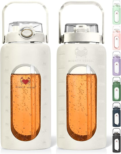 64 Oz Water Bottle with Time Marker & Straw - White Pregnancy 2 Liter Glass Water Bottles with Measurements - Daily intake bottle - Leakproof Borosilicate jug