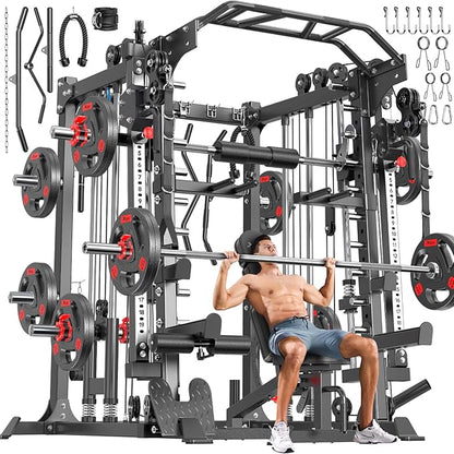 Multi-Purpose Squat Rack,Smith Machine Weight Rack Set with Cable Crossover System, Home Gym Power Racks, Power Racks and Packages