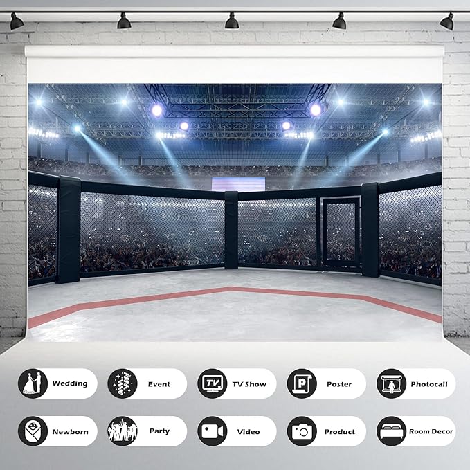 Boxing Ring Backdrop MMA Cage Arena with Spotlights Photography Backgrounds Round Empty Cage Boxing Ring Fighting Cage Backdrops Wrestling Arena Fans Shining Spotlights Decorations Props 20x10ft