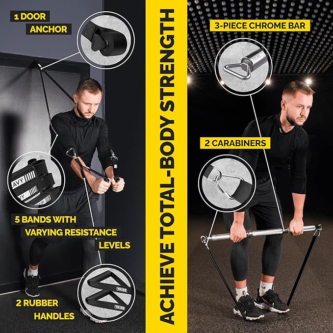 Tribe Lifting Resistance Bands for Working Out Men and Women - Set of 5 Pull Up Bands for Strength Training, Exercise Bands with Handles, Door Anchor and Bar Options for Home Gym