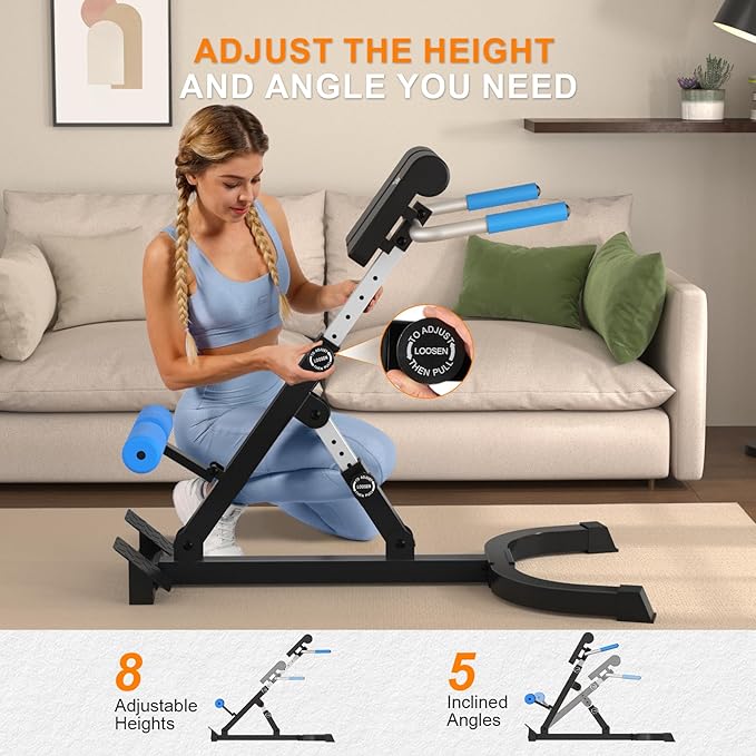 Foldable Back Extension Machine, Roman Chair, Adjustable Ab Back Extension Machine,Core Strength Trainer,Back Exercise Machine for Glute,Ab Workouts,Full All-in-One Body Workout&Home Gym Fitness（Blue）