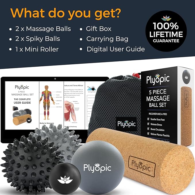 Massage Ball Set – Complete 5-Piece Kit: Spiky, Lacrosse & Mini Precision Balls + Roller – Plantar Fasciitis, Foot Arch & Heel Relief - Trigger Point Therapy for Back, Neck, Shoulders & Full Body