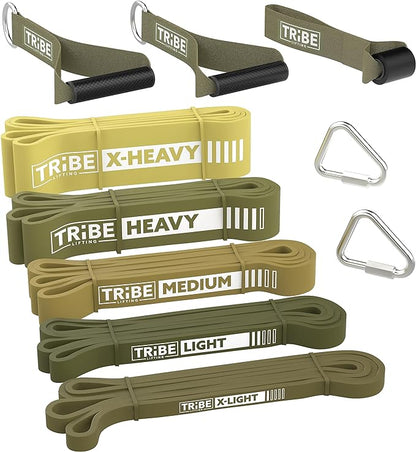 Tribe Lifting Resistance Bands for Working Out Men and Women - Set of 5 Pull Up Bands for Strength Training, Exercise Bands with Handles, Door Anchor and Bar Options for Home Gym