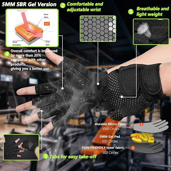 MOREOK Workout Gloves Padded Weight Lifting Gloves for Men/Women, [5MM Gel] Fingerless Grip Gym Gloves Fitness Gloves for Exercise, Weightlifting, Cycling, Pull ups, Rowing, and Climbing