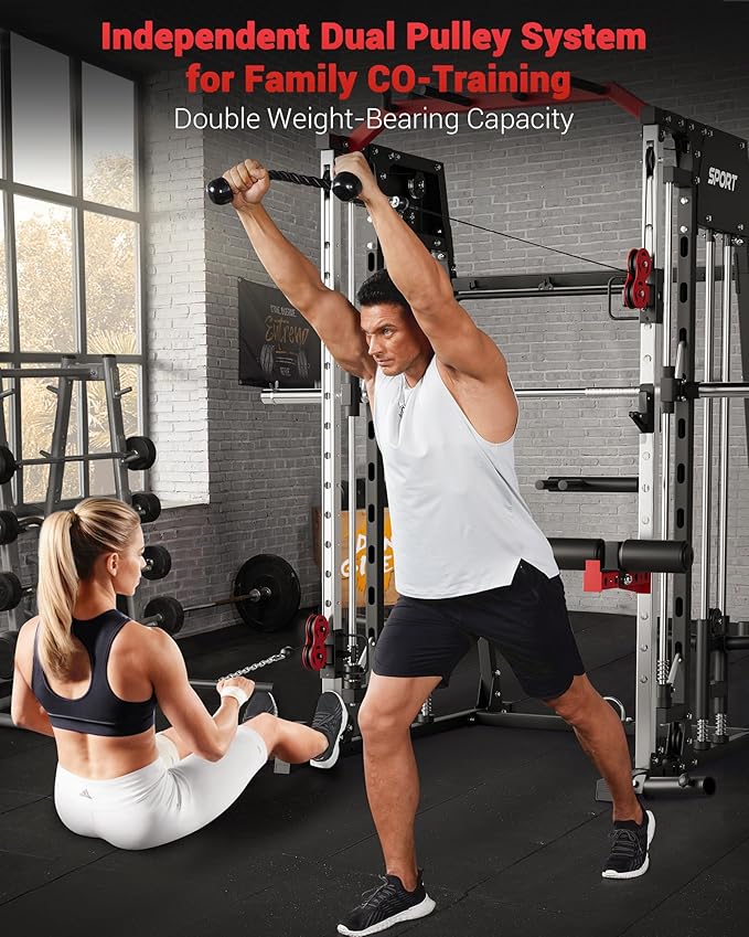 GarveeLife Smith Machine Home Gym All in One, 2200 LBS Squat Rack Power Cage with Smith Bar, LAT Pull-Down, Cable Systems, Leg Hold-Down and More Attachments, Workout Equipment (Red Black)