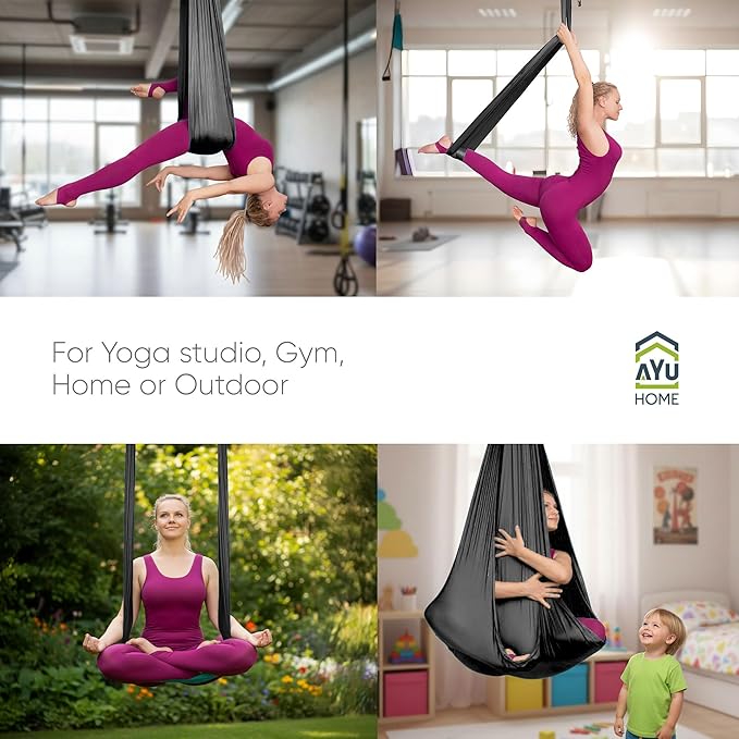 AyuHome Aerial Silks Kit for Home - Premium Yoga Swing for Kids and Adults with 660 lbs Capacity - Versatile Aerial Yoga Hammock for Gymnastics Training