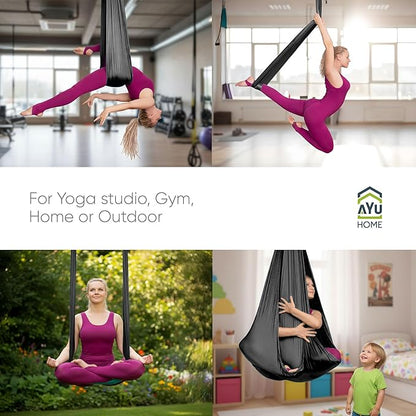 AyuHome Aerial Silks Kit for Home - Premium Yoga Swing for Kids and Adults with 660 lbs Capacity - Versatile Aerial Yoga Hammock for Gymnastics Training