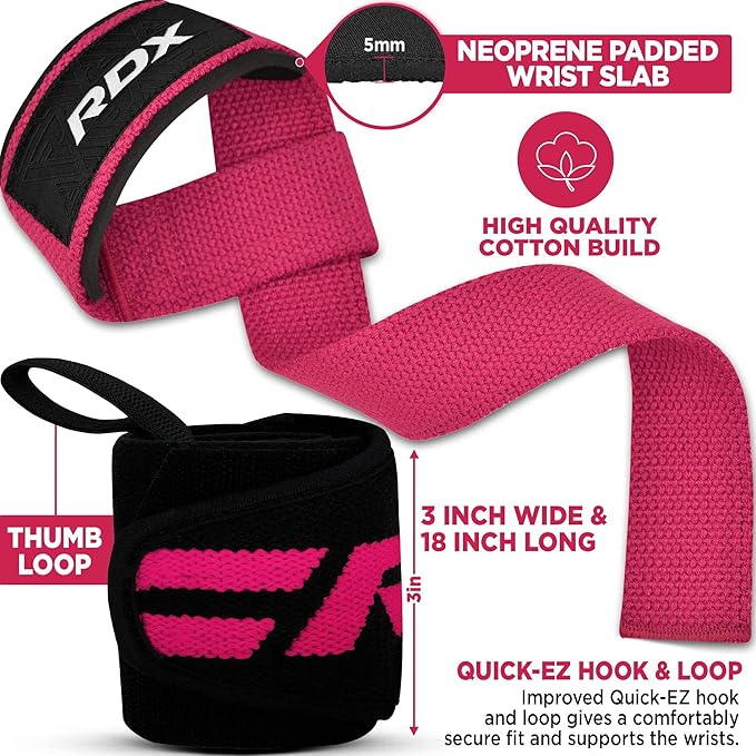 RDX Weight Lifting Wrist Wraps with Gym Straps, Elasticated 18” Cotton Wrap, 60CM Anti Slip Workout Strap Support, Bodybuilding Deadlifting Powerlifting Fitness Gymnastics Strength Training, Men Women