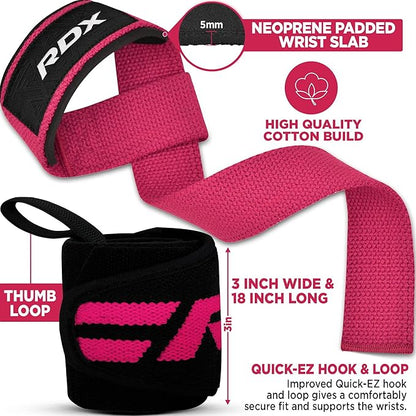 RDX Weight Lifting Wrist Wraps with Gym Straps, Elasticated 18” Cotton Wrap, 60CM Anti Slip Workout Strap Support, Bodybuilding Deadlifting Powerlifting Fitness Gymnastics Strength Training, Men Women