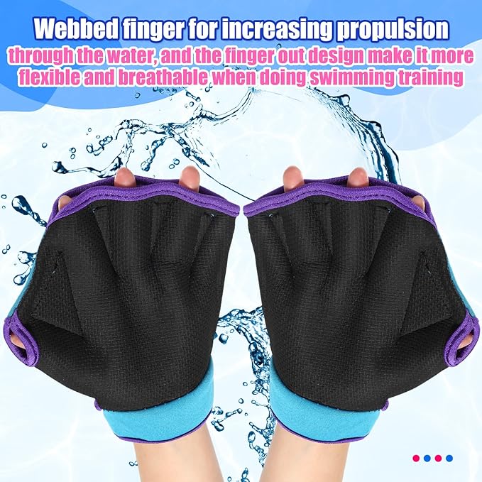 Sumind 2 Pairs Swimming Gloves Aquatic Training Gloves Neoprene Mittens Webbed Fitness Water Aerobics Resistance Training for Women Men Swimming Diving(Medium,Light Blue, Purple)