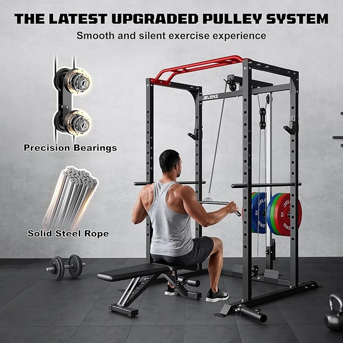 S11 Power Cage, 2000LB Multi-Function Power Rack with LAT Pulldown, Squat Rack with Adjustable Pulley System and Training Attachments, Weight Rack for Home Gym