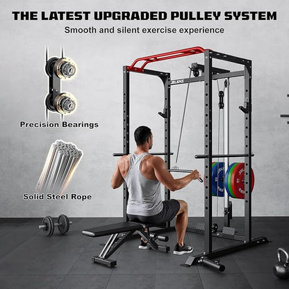 S11 Power Cage, 2000LB Multi-Function Power Rack with LAT Pulldown, Squat Rack with Adjustable Pulley System and Training Attachments, Weight Rack for Home Gym