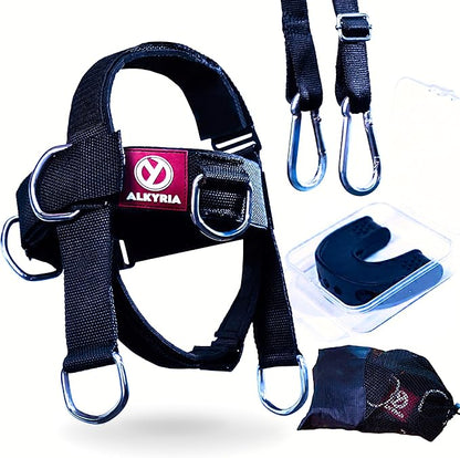 ALKYRIA Neck Harness Weight Lifting Trainer - Adjustable Neck Exerciser & Strengthener for Gym, Boxing, and Home Training - Padded Head Harness with Bonus Jaw Exerciser & Mesh Bag