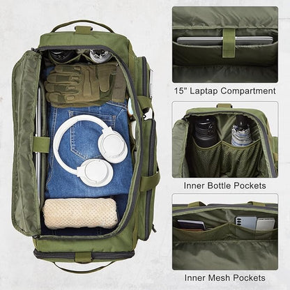 G4Free 3-in-1 Travel Duffle Bag for Men and Women, 50L Large Gym Sports Bags Tactical Military Duffle Backpack with Shoes Compartment and Wet Pocket (Green)