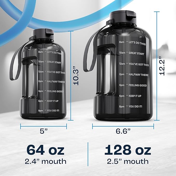 AQUAFIT 128 oz Water Bottle with Time Marker - Straw & Chug Lid - BPA Free 1 Gallon Gym Water Bottle with Handle - Big Gallon Jug (Blue Skies, 128 Ounces)