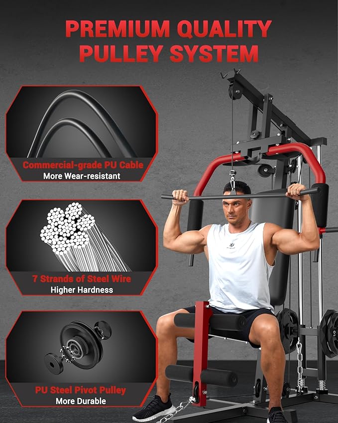 Home Gym Equipment, Workout Weight Machine with Cable Pulley System, 400 LBS Weight Capacity All in One Full Body Exercise Station for Strength Training, Multifunctional Compact Home Gym