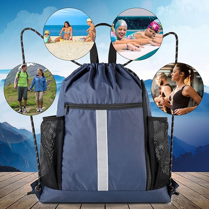 BeeGreen Gym-Drawstring-Backpack-Bag With Shoe Compartment and Two Water Bottle Holder Large String Backpack Sports Bag Athletic Sackpack For Men Women