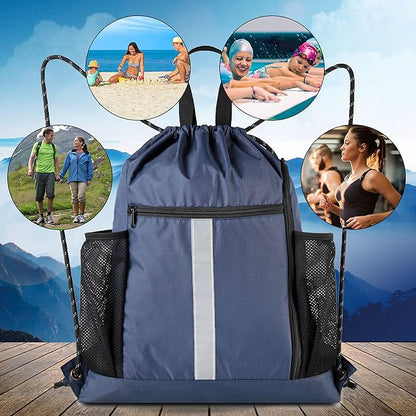 BeeGreen Gym-Drawstring-Backpack-Bag With Shoe Compartment and Two Water Bottle Holder Large String Backpack Sports Bag Athletic Sackpack For Men Women