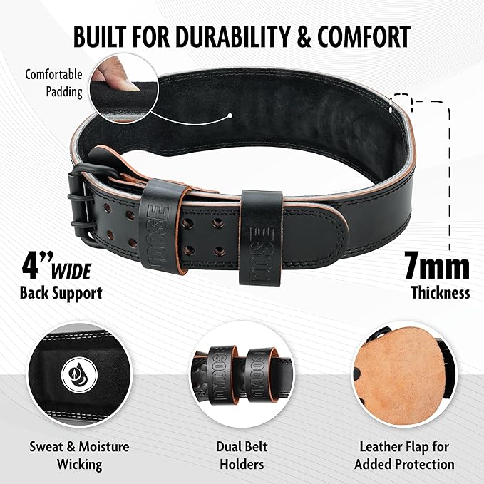 DMoose Fitness Weight Lifting Belt for Men & Women - 7MM Premium Cushioned Lumbar Support & Genuine Leather Adjustable Weightlifting Belt for Squats, Deadlifts & Workouts