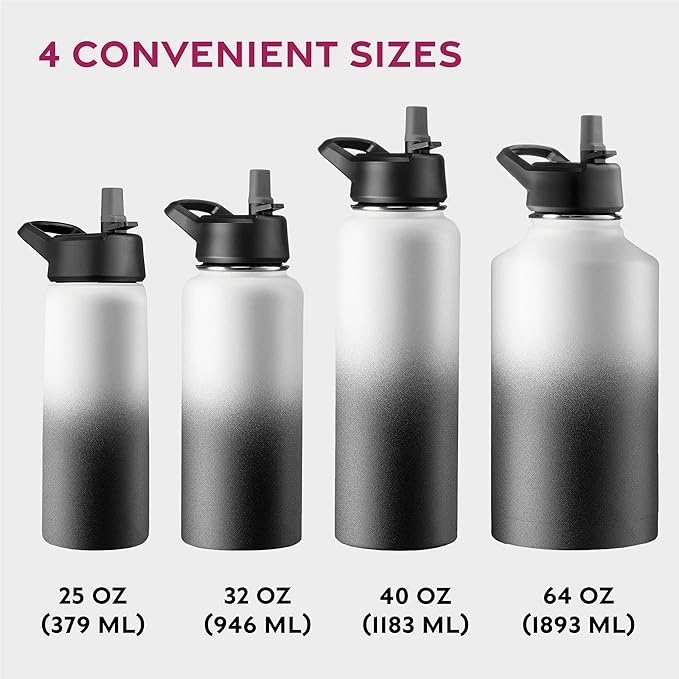 FineDine Water Bottle - Stainless Steel Insulated Water Bottle with Straw Lid, Flip Lid & Wide-Mouth Cap - Keeps Hot and Cold - 40 Oz / 1.18L - Dreamy Black-White