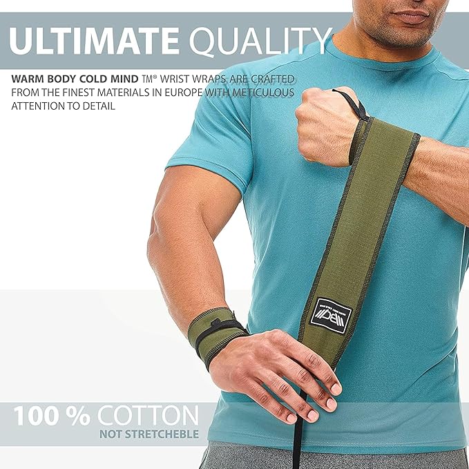 WARM BODY COLD MIND - Premium Cotton Weight Lifting Wrist Wraps for Cross Training, Powerlifting, Deadlift, Weightlifting, Gym, Wrist Straps, Workout, Fitness, Heavy-Duty Support with Thumb Loop