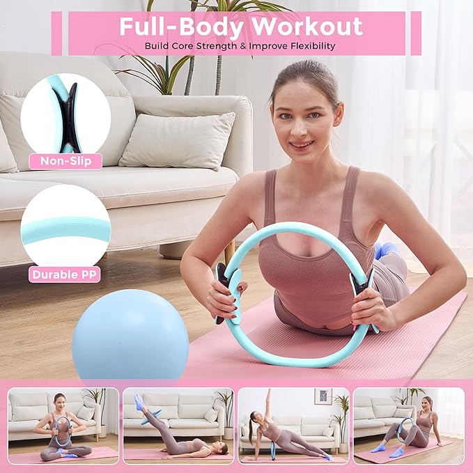 Pilates Equipment, Pilates Kit for Home Workouts, Pilates Ring and Ball Set for Women With 14.5" Pilates Ring, Ball, Resistance Bands, Sliders, Yoga Strap & Ring, Socks, Measure Tape, Stretch Band Bag