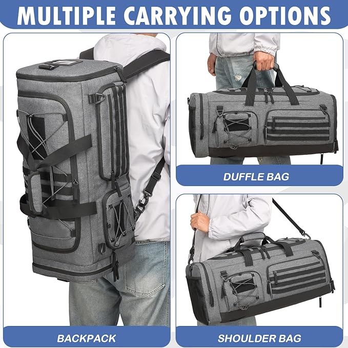 Gym Bag for Men and Women, 50L Extra Large Duffle Bag, 3-in-1 Travel Sports Duffel Bags with Shoe & Laptop Compartment for Overnight Weekender Gym Traveling Workout Deployment, Black + Gray