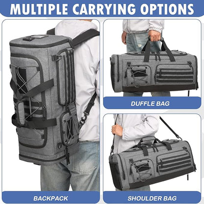 Gym Bag for Men and Women, 50L Extra Large Duffle Bag, 3-in-1 Travel Sports Duffel Bags with Shoe & Laptop Compartment for Overnight Weekender Gym Traveling Workout Deployment, Black + Gray