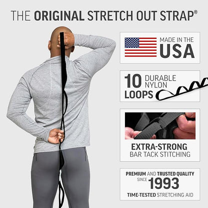 OPTP The Original Stretch Out Strap XL with Exercise Book, USA Made Stretch Out Straps for Physical Therapy, Yoga Stretching Strap or Knee Therapy Strap - Ten Loops, 7'5" Strap