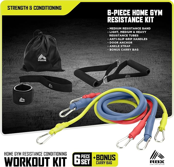 RBX 6 Piece Home Gym Resistance Kit - Light, Medium, Heavy Resistance Bands, Grip Handles, Door Anchor, Ankle Strap & Carry Bag