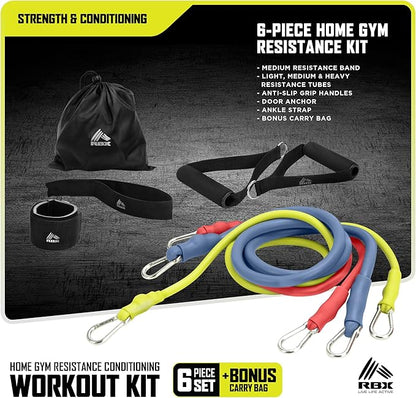 RBX 6 Piece Home Gym Resistance Kit - Light, Medium, Heavy Resistance Bands, Grip Handles, Door Anchor, Ankle Strap & Carry Bag