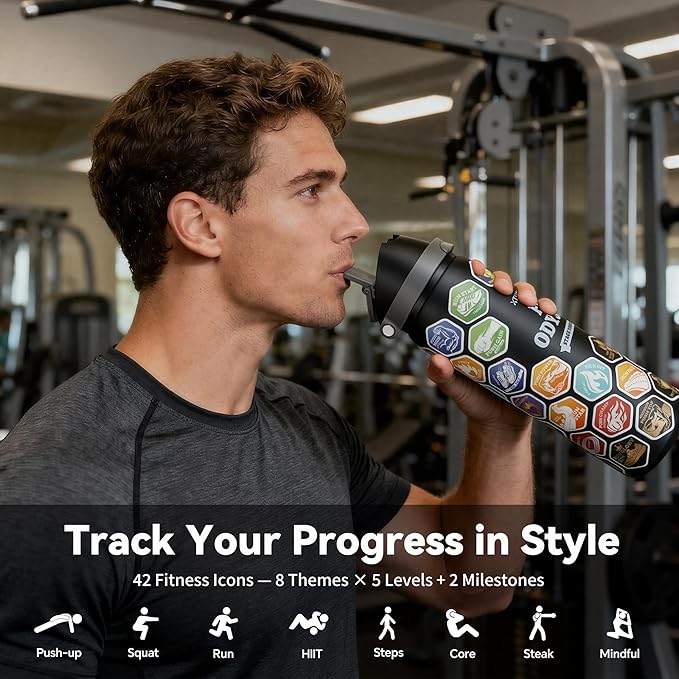 Motivational Insulated Stainless Steel Water Bottle – 2-in-1 Straw & Push-Button Lid, Leakproof, BPA-Free, Keeps Drinks Cold 30H, Perfect for Gym, Sports & Travel (Black, 32 Ounces)