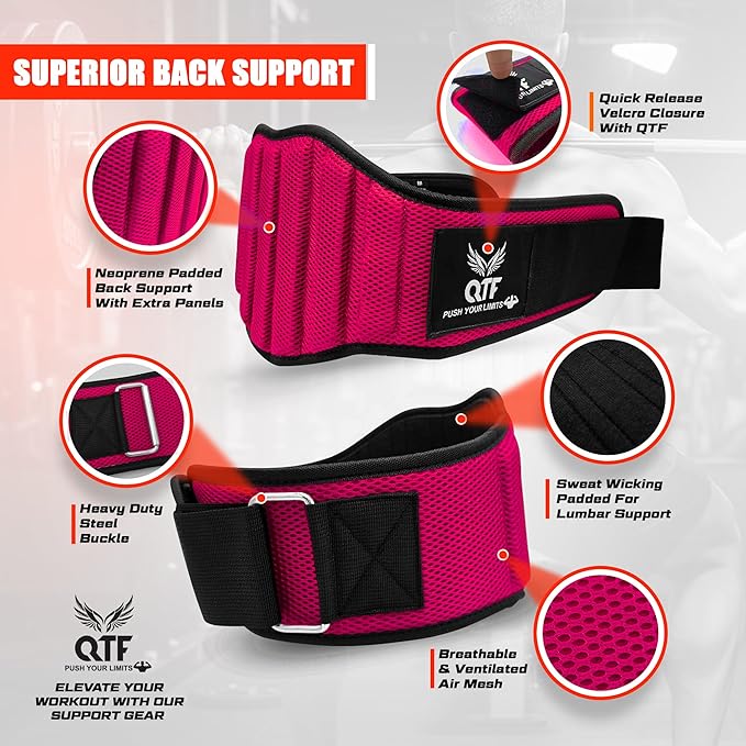 QTF Fitness Neoprene Weight Lifting Belt - Adjustable 6" Gym Support for Stability & Lumbar Support - Sweat Resistant Weightlifting Belt for Men & Women for Squats, Deadlifts & Bench Presses