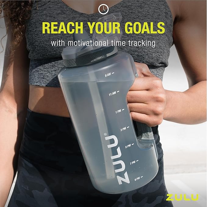 ZULU Goals 64oz Half Gallon Plastic Water Bottle with Straw and Time Marker | Large Reusable Jug with Handle and Leak Proof Lid for All Day Hydration, Gym and Outdoors, Gift Ready, Royal Blue