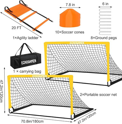 Kids Soccer Goals for Backyard, 2 of 6 x 4 ft Kids Soccer Goal Set Soccer Net with 10 Soccer Cones, Agility Ladder & Carry Bag, Portable Soccer Training Equipment.