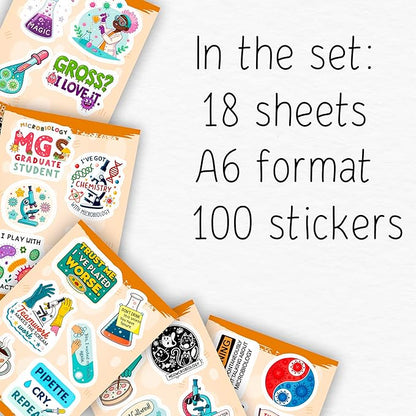 100Pcs Funny Microbiology Vinyl Stickers for Water Bottle, Laptop -Nerd Biology Stickers - Microbiology Gifts, Party Supplies - Gift for Women & Men