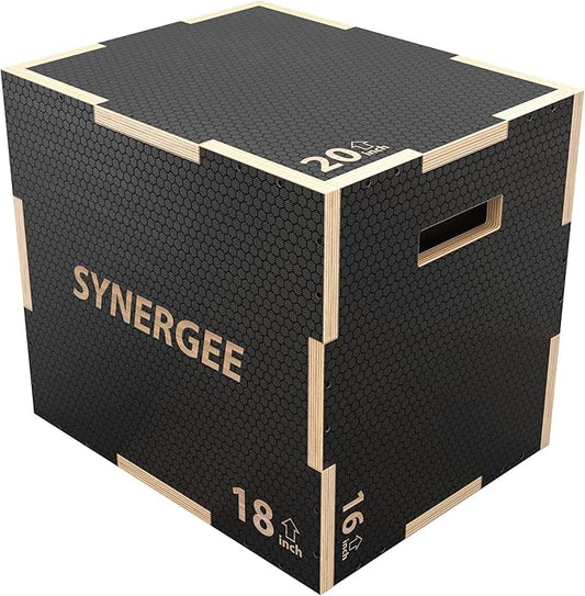 Synergee 3 in 1 Non-Slip Plyometric Box for Jump Training and Conditioning. Wooden Plyo and Soft Plyo Box All In One Jump Trainer. Sizes 20/18/16, 16/14/12