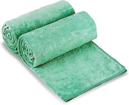 JML Large Bath Towels Set, 2 Pack, 30" x 60", Microfiber Body Towels for Adult, Oversized, Soft, Absorbent, Fast Drying for Shower Sauna Yoga Swimming Sport Fitness Gym Pool (Green-Floral Embossed)
