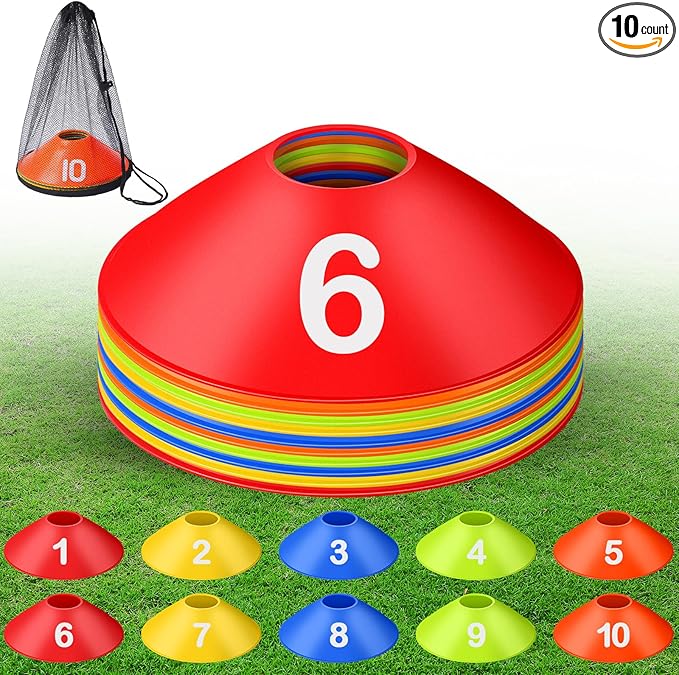10 Pcs Numbered Sports Disc Cones 1-10 Soccer Cones with Mesh Carry Bag Flexible Agility Cones Soft Field Cones for Gym PE Classes School Activities Games, Sports Training Equipment
