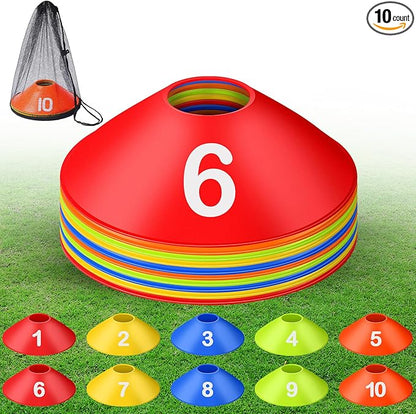 10 Pcs Numbered Sports Disc Cones 1-10 Soccer Cones with Mesh Carry Bag Flexible Agility Cones Soft Field Cones for Gym PE Classes School Activities Games, Sports Training Equipment
