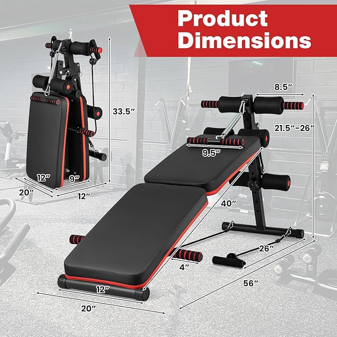 KOTEK Sit Up Bench, Foldable & Adjustable Ab Workout Equipment with 2 Elastic Ropes & Handle, 300 Lbs Weight Capacity, Decline Bench for Abs, Crunch, Strength Training Exercise for Home Gym