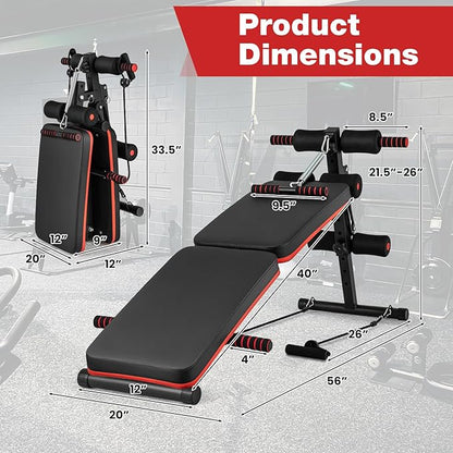 KOTEK Sit Up Bench, Foldable & Adjustable Ab Workout Equipment with 2 Elastic Ropes & Handle, 300 Lbs Weight Capacity, Decline Bench for Abs, Crunch, Strength Training Exercise for Home Gym
