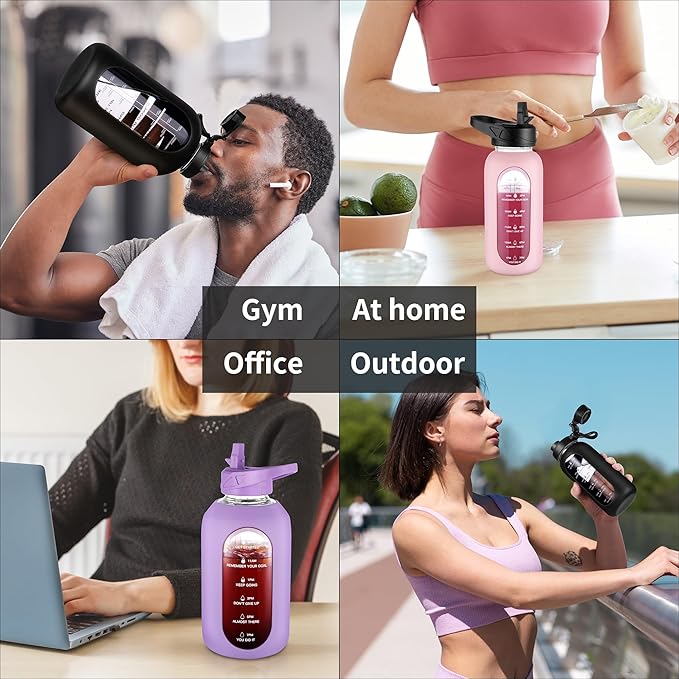 CIVAGO 32 oz Glass Water Bottle with Straw and Handle, Large Sports Motivational Water Bottle Flask with Time Marker and 2 Lids, Leakproof Water Jug Canteen with Silicone Sleeve for Gym,Red