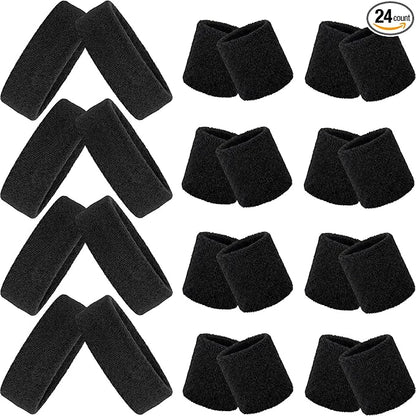 24 Pieces 80s Neon Sweatbands Set, Include 8 Sports Headbands and 16 Sweat Wristbands Elastic Athletic Tennis Sweat Bands Bulk for Man Woman
