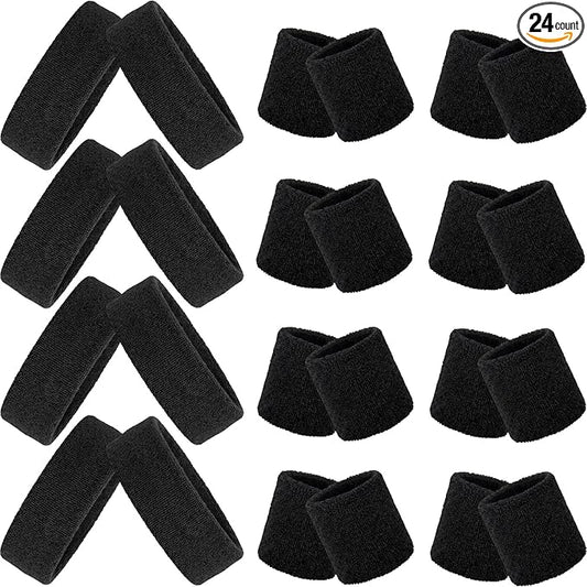 24 Pieces 80s Neon Sweatbands Set, Include 8 Sports Headbands and 16 Sweat Wristbands Elastic Athletic Tennis Sweat Bands Bulk for Man Woman