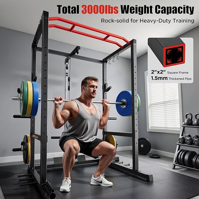 Sportsroyals Squat Rack, LAT Power Cage, Power Rack Multi-Function with Pulley System and Training Attachments for Home Gym