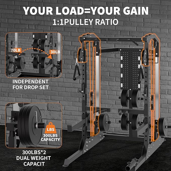 Power Cage, 2000LB Power Rack with Independent Dual Pulley System, Multi-Function Home Gym Workout Machine for Stability & Strength Training