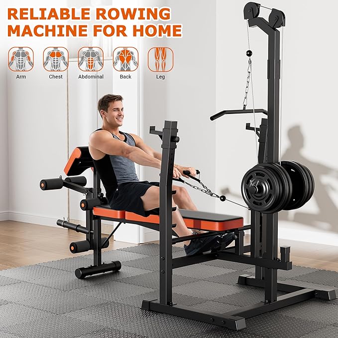 Fostoy 9-in-1 Adjustable Olympic Weight Bench with Lat Pulldown, Row, Squat Rack & Leg Curl – Multi-Function Strength Training Bench Press for Home Gym Full Body Workout