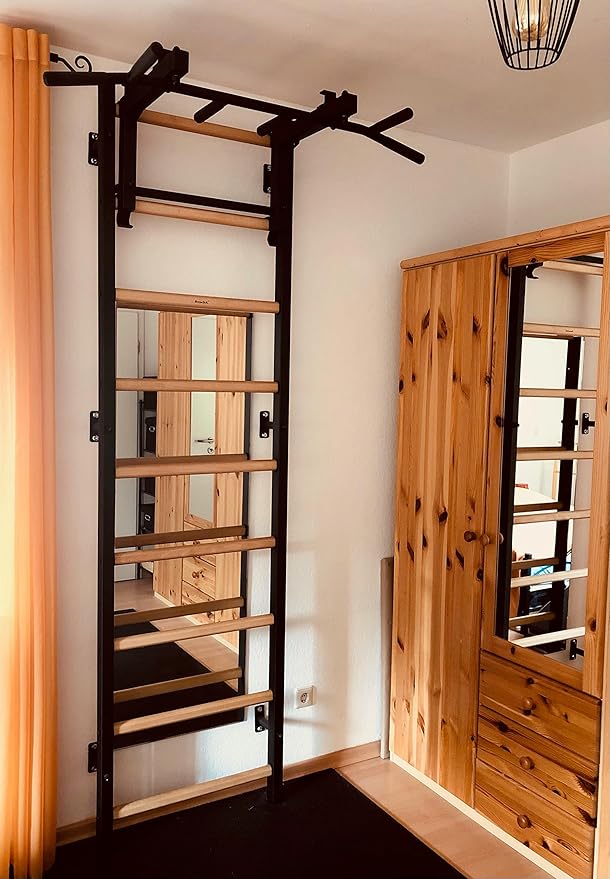 Wooden Swedish Ladder Wall Stall Bar - Indoor Chin Up Bar Workout Equipment for Home Exercise, Physical Therapy, Gymnastics, Fitness